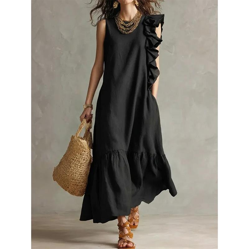 Women s Asymmetrical Ruffle Hem Sleeveless Dress Casual Summer Flowy Midi S чёрный