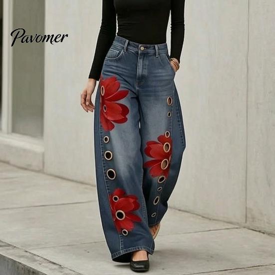 Daily Wear Pants Women High Waisted Wide Leg Jeans, Vintage Floral Print Faux Denim Inspired Trousers, Loose Fit Casual with Pockets & Metal