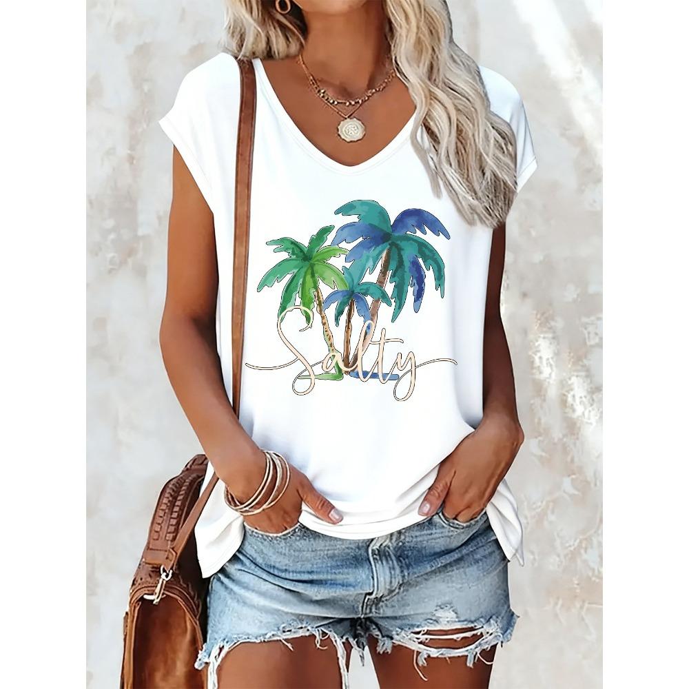V-neck summer sleeveless vest, coconut tree print top S