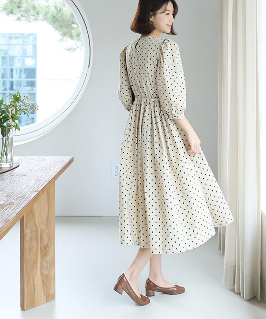Ppaeppae Waist Ribbon String Dot Long Dress