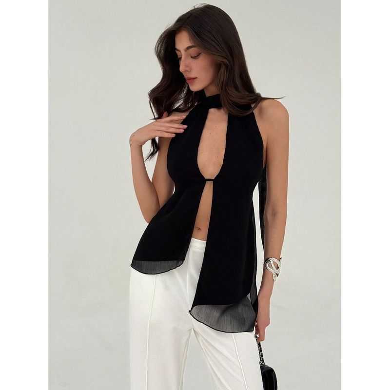 2025 European and American New Style Halter Neck Tie Vest with a Stylish Design, Vacation Style, Solid Color, Sexy Sleeveless Top Black S