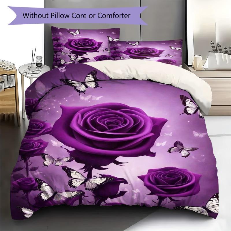 Purple Rose Flower White Butterfly Glitter Print 3 Pieces Duvet Cover Set Floral Nature Bedding Bedroom Home Decor Without Pillow Core Comforter