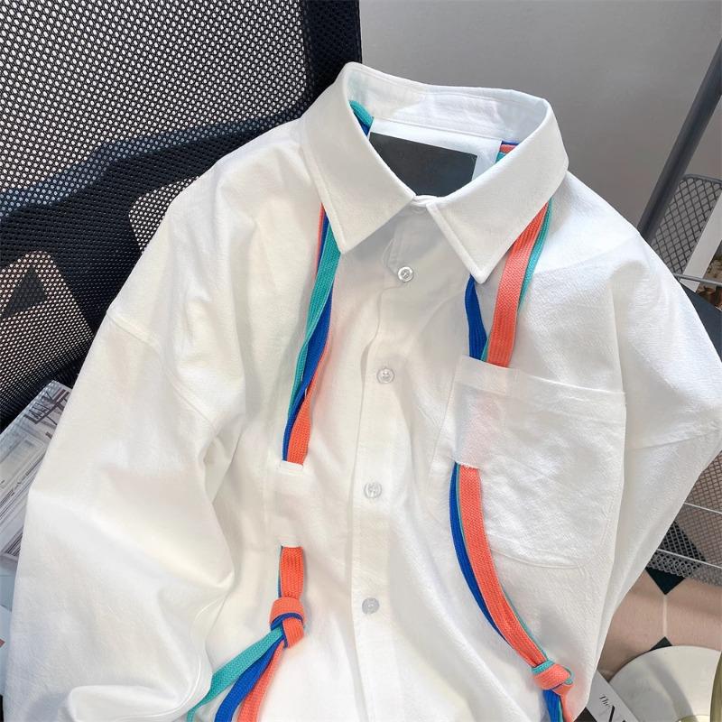 Fargerike skjorter med bånd for kvinner Langermet enkeltspent revers Damebluser Vintage løse dame Lommetopper