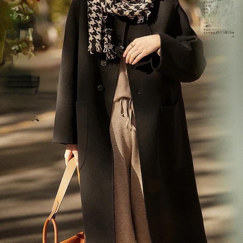 

Женское шерстяное пальто большого размера свободного кроя средней длины, стройнящее, осенне-зимняя шерстяная верхняя одежда 2XL