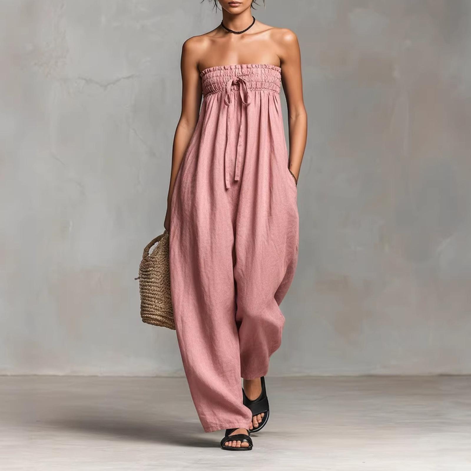 

Women s Fashionable Color Sexy Strapless Casual Jumpsuit Without Sleeves S розовый