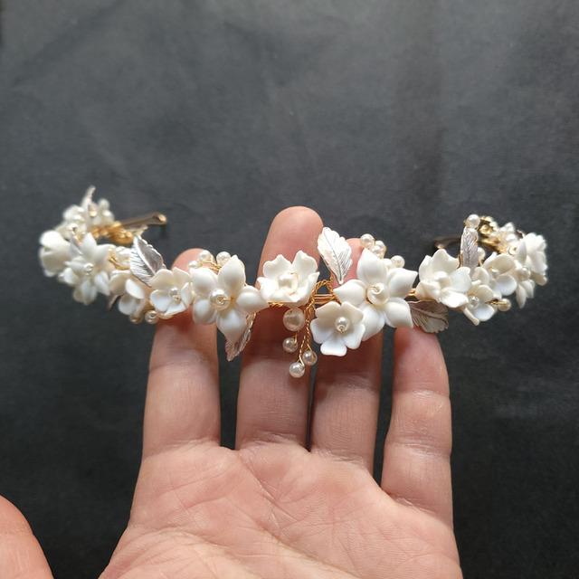 SLBRIDAL Handmade Ins Style Luxury Rhinestone Crystal Porcelain Flower Bridal Tiara Wedding Bridesmaids Crown Women Hair Jewelry