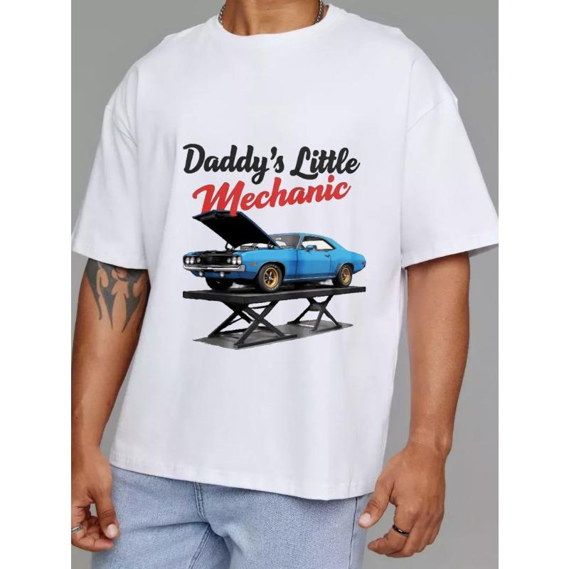 Daddy's Little Mechanic T Shirt White Classic Car On Lift Graphic For Car Enthusiasts And Auto Repair Fans