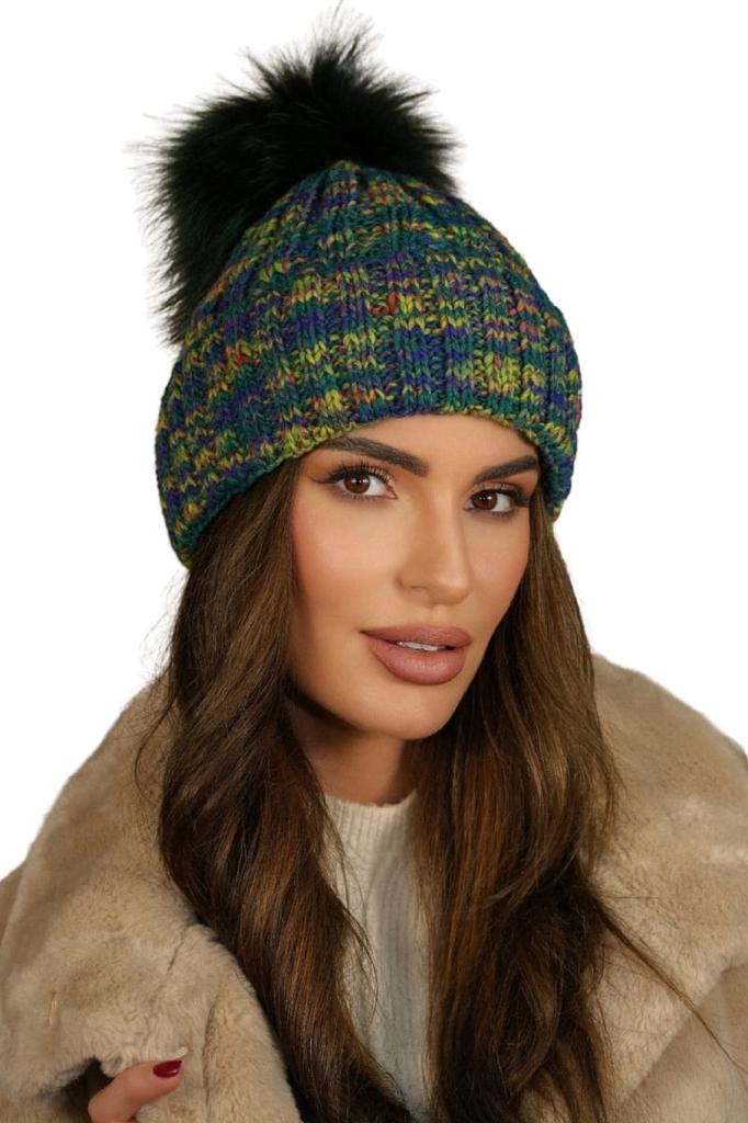 Multicolored Green Cameo-Pavone Hat with Natural Yenota Pompom