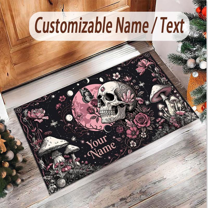 Totenkopf Gothic Thema Weicher Kristall-Samt Teppich Benutzerdefinierter Name & Text Druck Rutschfester Boden Teppich für Schlafzimmer Wohnzimmer