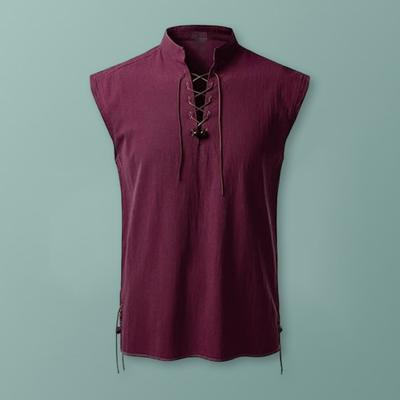 Men Solid Color Sleeveless Shirt Casual Band Collar Cross Lace-up Vintage Streetwear Breathable