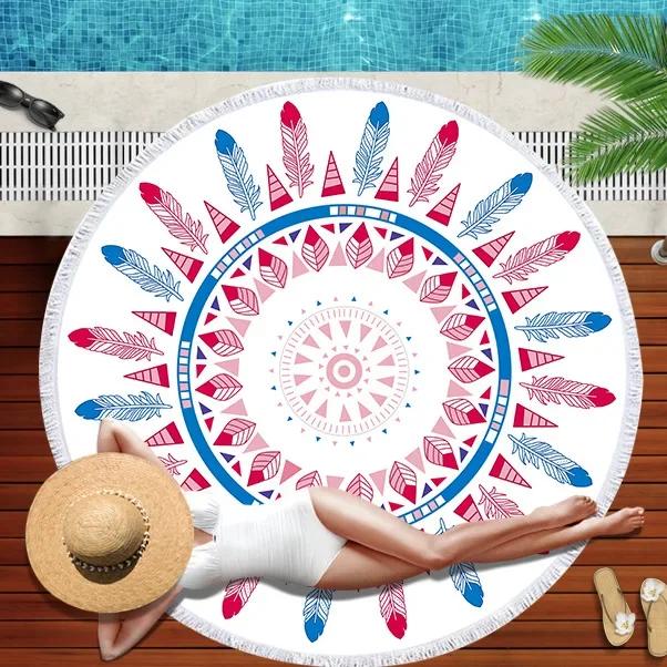 Printed Colorful Feather Beach Towel Round Microfiber Beach Towel For Living Room Home Decor Boho Tassel Bath Towels Summer