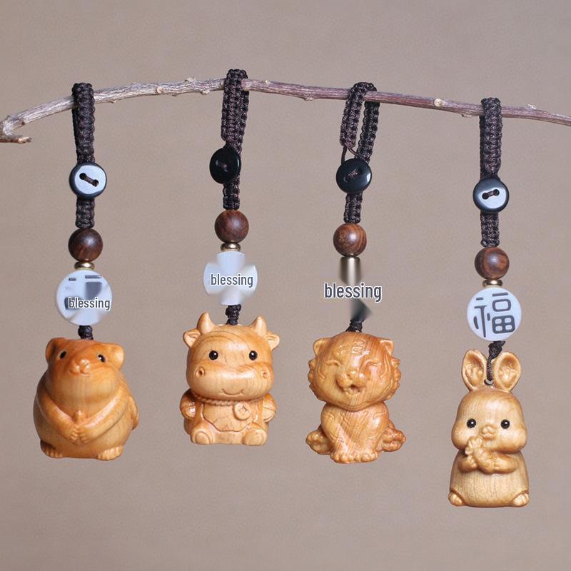 Cliff Cypress Zodiac Keychain Wood Carving Pendant Charm