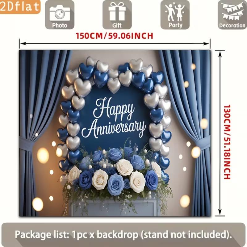 2D Wedding Anniversary Photography Background, Elegant Blue & White Flower Decor