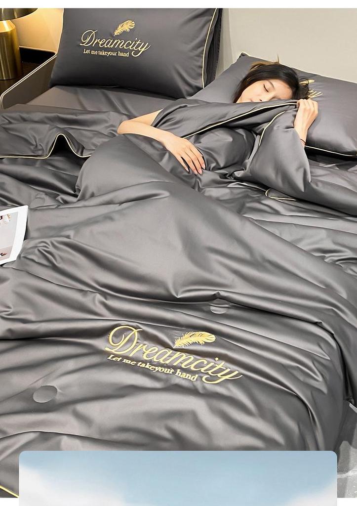 Embroidered Ice Silk Summer Quilt Set: Cool, Luxurious 3-Piece or 4-Piece with Pillowcase for Dorms.