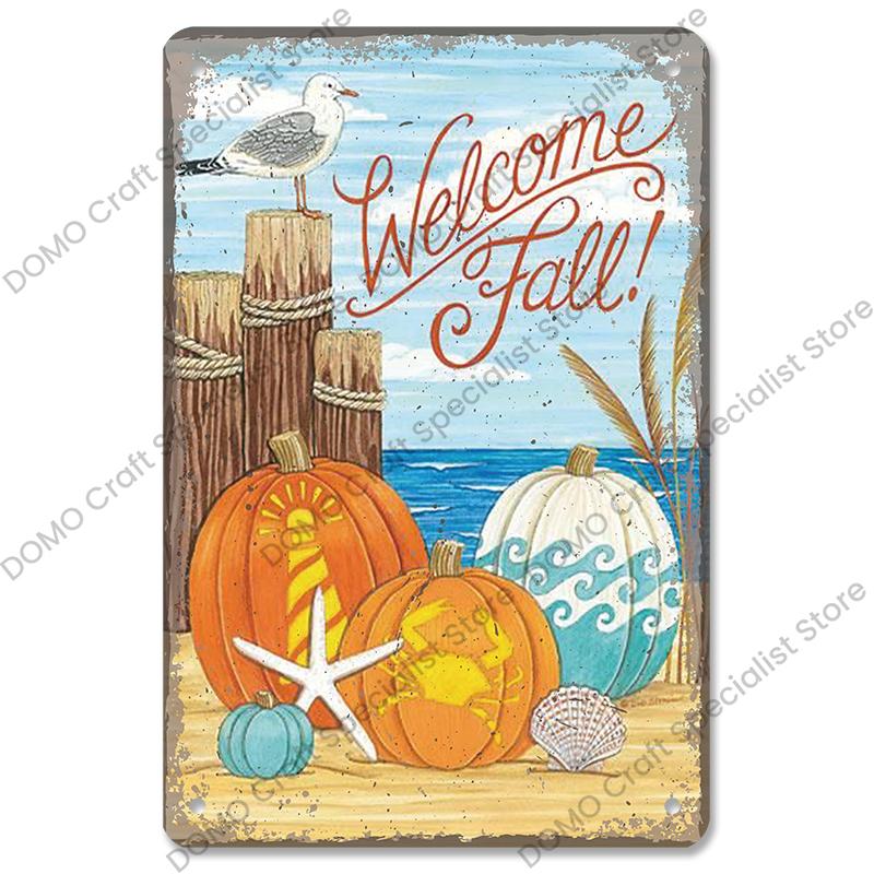 Welcome Poster Metal Plate Vintage Pumpkin Sunflower Bird Metal Tin Signs Wall Decor Garden Door Cafe Party