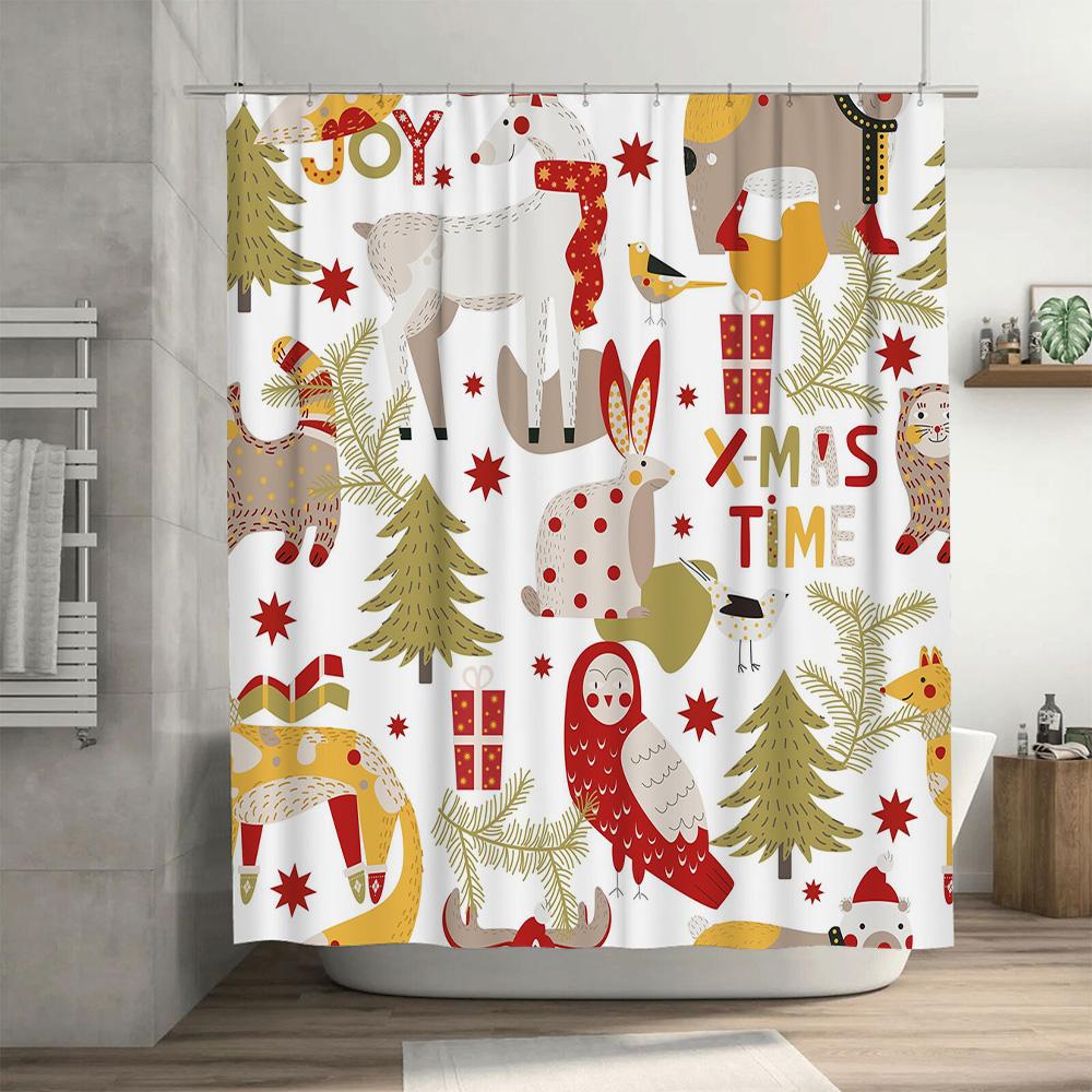 Modern Christmas Shower Curtain Festive Red Green Decorative Print for Bathroom