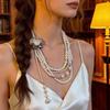Vintage Silver Petal Crystal Multi-Layer Pearl Necklace - Trendy Clavicle Chain for Women