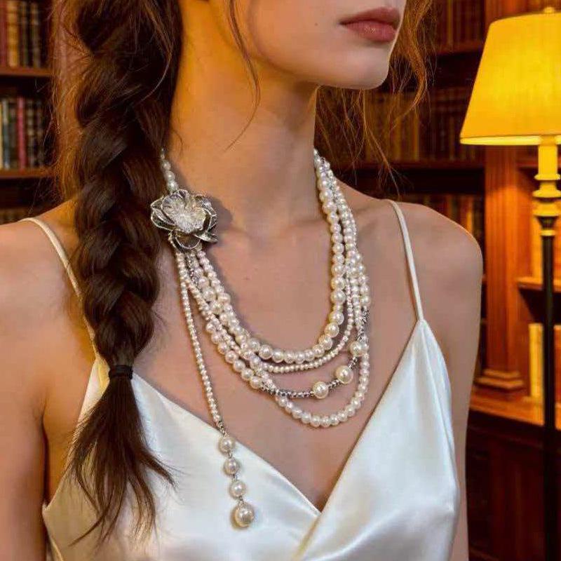 Vintage Silver Petal Crystal Multi-Layer Pearl Necklace - Trendy Clavicle Chain for Women