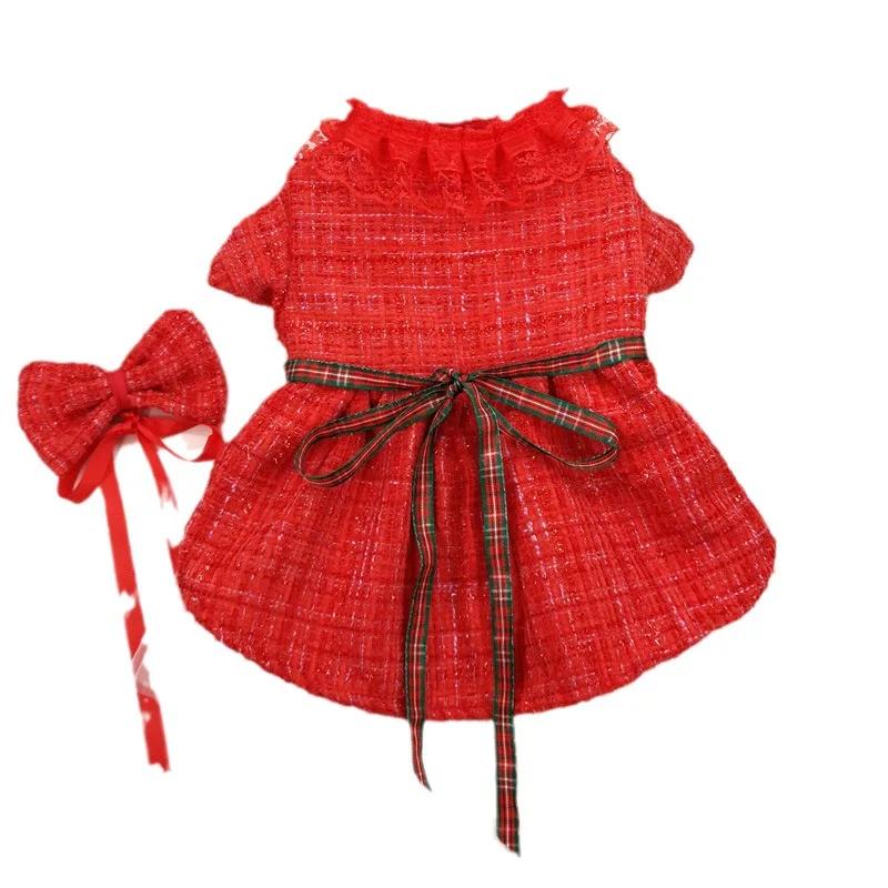 Pet Clothing Red Christmas Dress Pet Coat Skirt Double-layer Gauze Skirt Windbreaker Cat Bow Tie Clothes Dog Clothes Designer