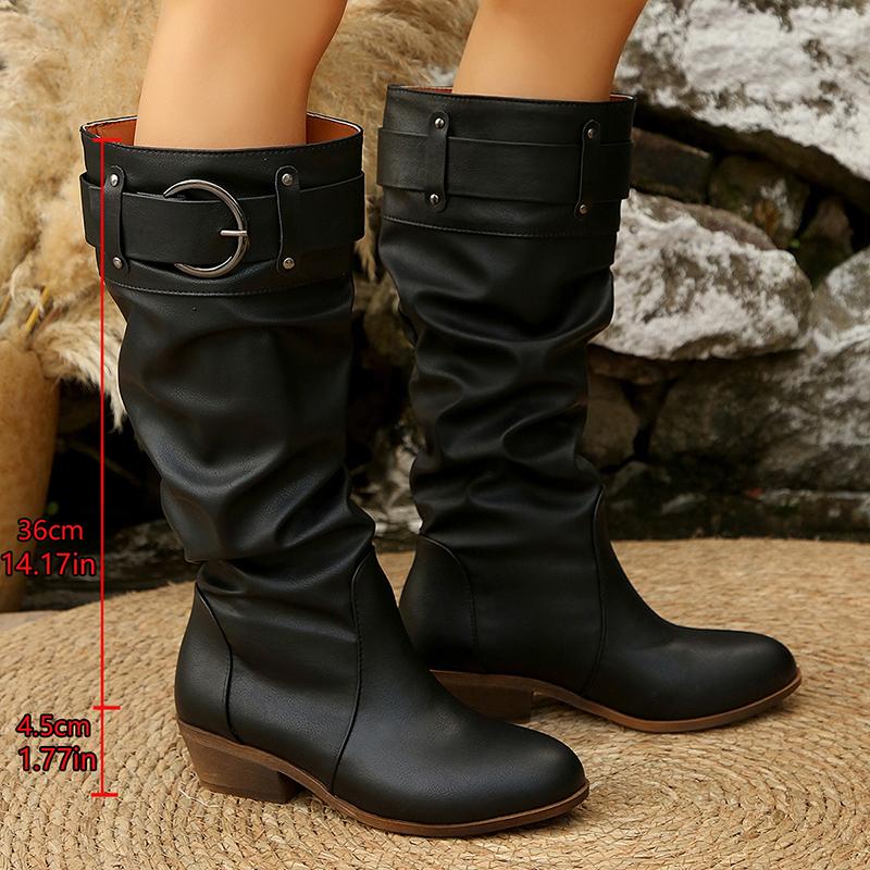 

Fashion Pleated Pu Leather Knee High Boots Women Vintage Belt Buckle Thick Heel Long Boots Woman Plus Size 36-43 Slip On Western Shoes 36 чёрный