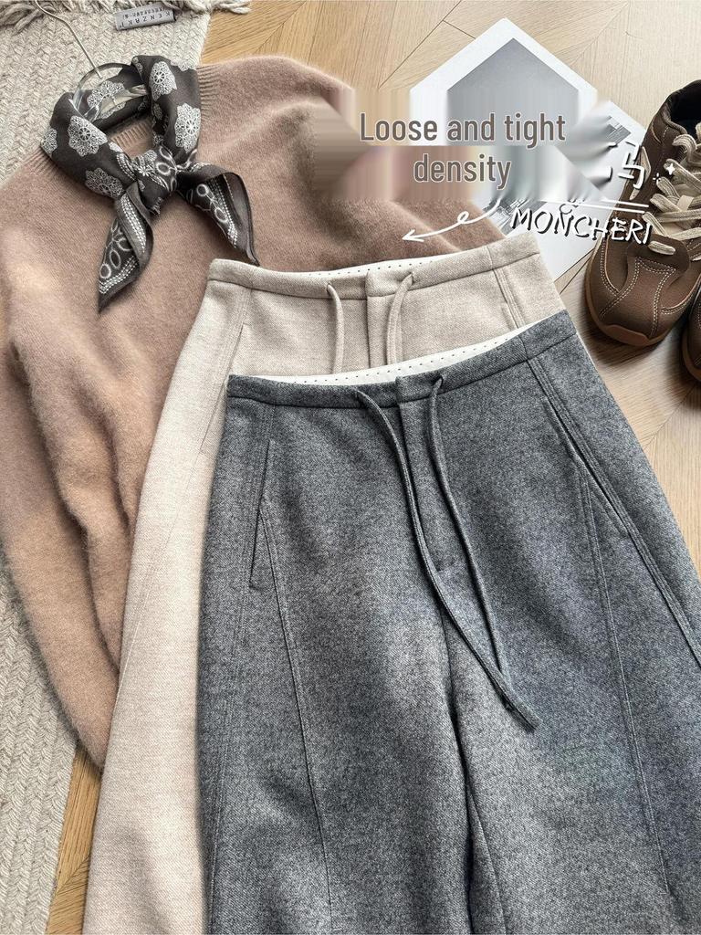 CHAO Level Recommendation: Women's Thickened Grey Wool Flannel Wide-Leg Slimming Banana-Shaped Winter Pants