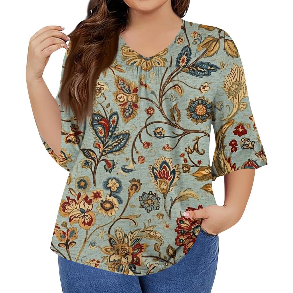 Women's Fashion Casual Retro Printed V-Neck Seven-Point Sleeve Ruffle Sleeve T-Shirt Tops Plus Size Women's