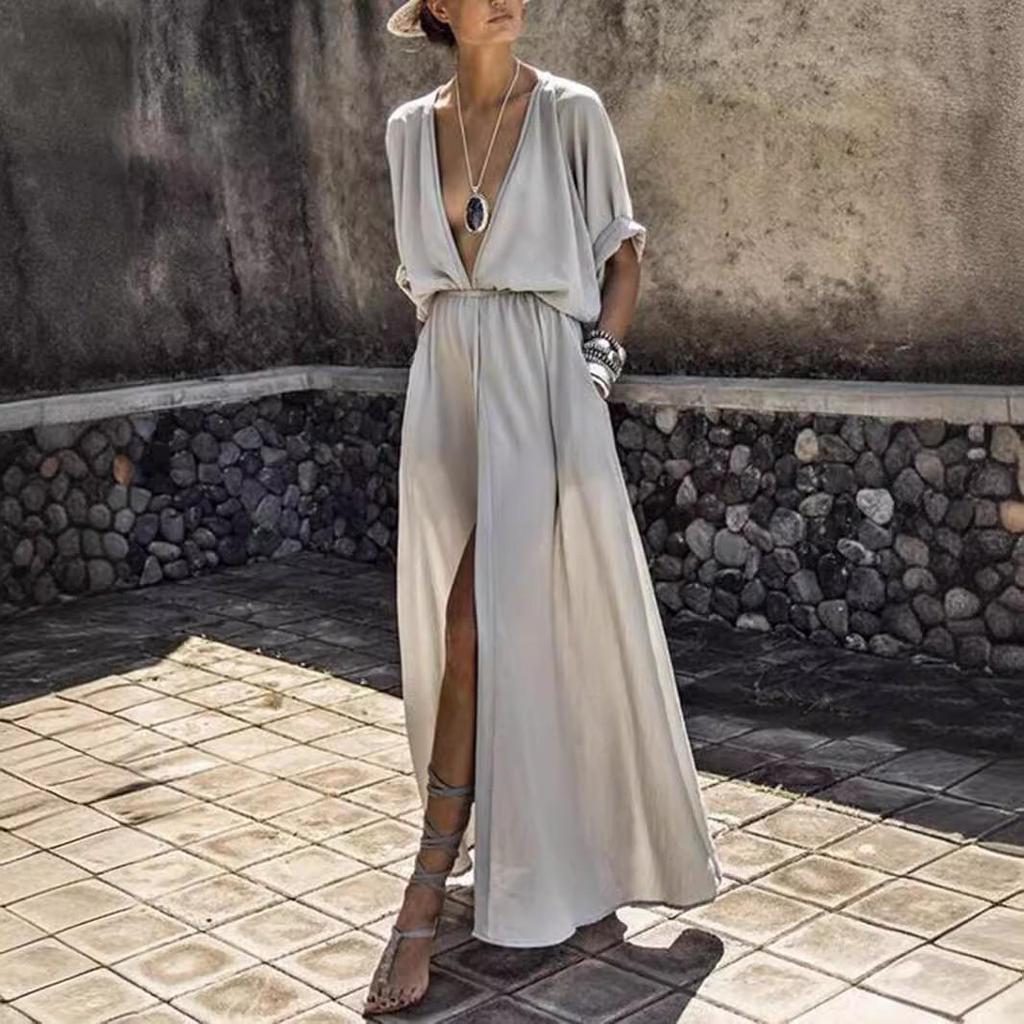 European Style Deep V Mid-Sleeve Split Dress - New Fashion Bestseller