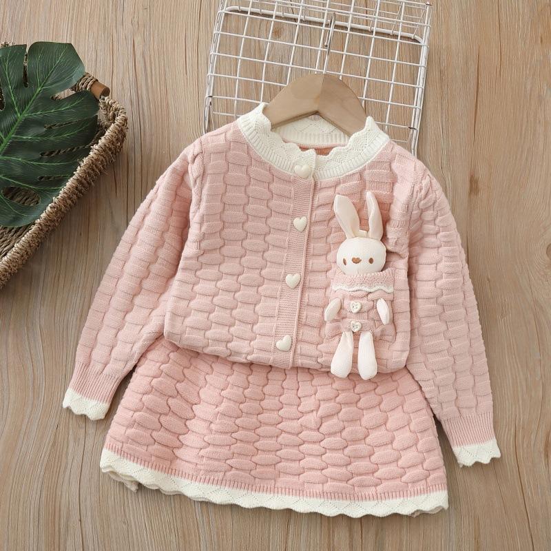 Girls Knit Set Dress With Large Lapel Sweater Cardigan Two Piece Outfit For Kids