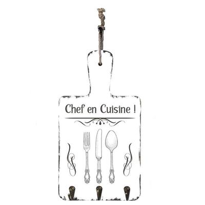 [Q4794] - White 'Messages' Wooden Tea Towel Hanger (Chef In the Kitchen) - 35x18 Cm (3 Hooks)