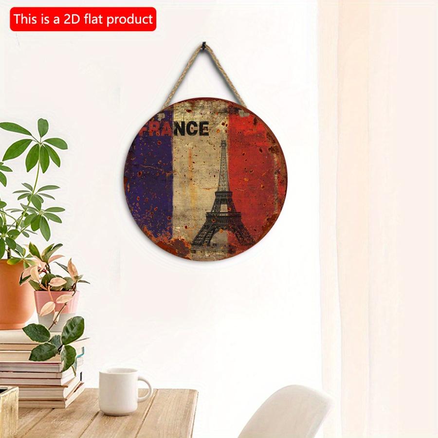 2D flat 20*20cm 1pc French flag&Eiffel Tower print round hanging wood board, Imitation of vintage paint-off style French Home Meditation Room&Housewar