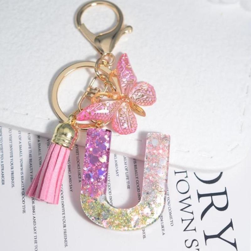 Fashion 26 English A-Z Initial Letter Resin Keychain Cute Butterfly Tassel Keyring Backpack Charm Pendent Accessories Gift