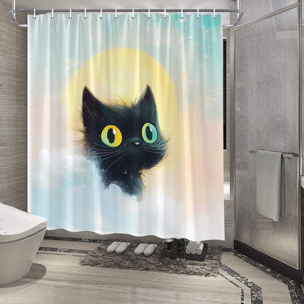

Mysterious Black Cat Shower Curtain - Sparkling Eyes In The Dark Hang In The Living Room, Bedroom Decoration - Enchanting Home W60H190(CM)-1 Pcs