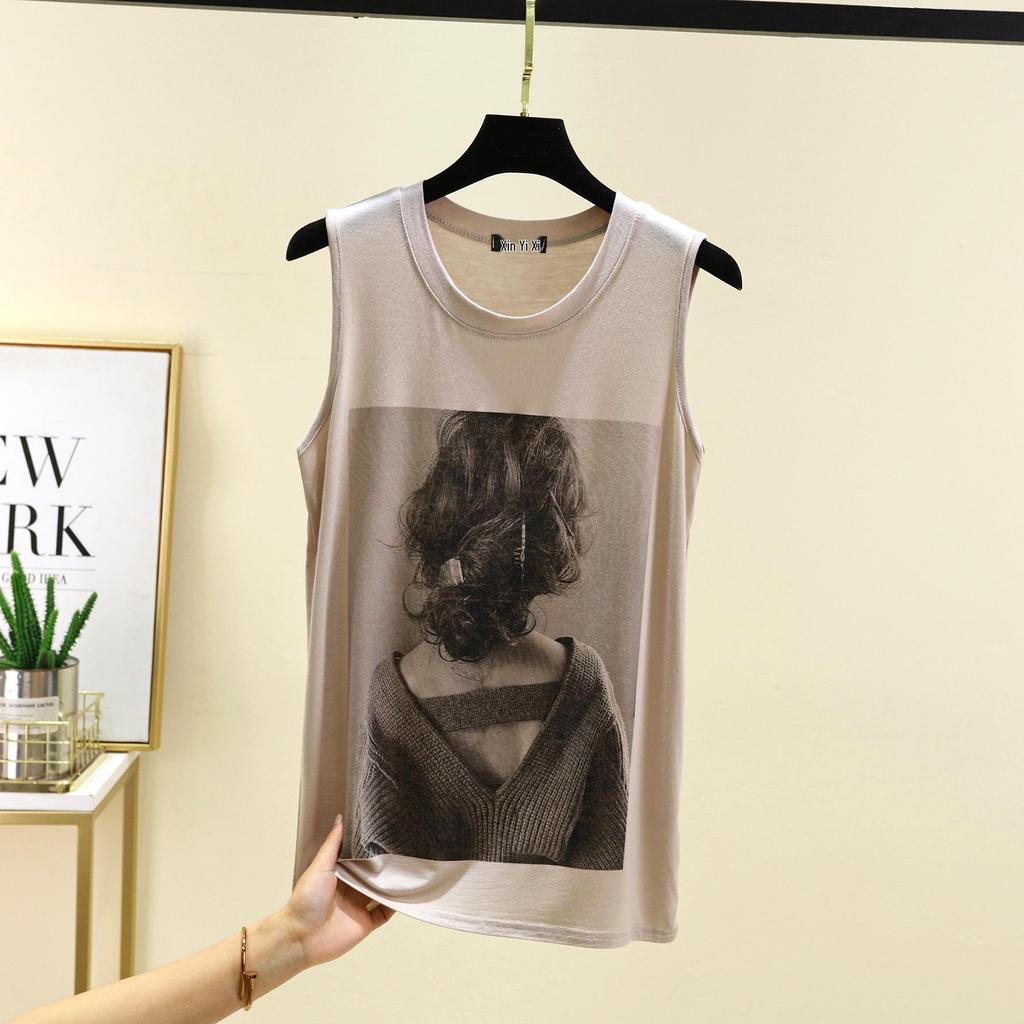 Letnia Bezrękawnikowa Kamizelka z Okrągłym Dekoltem i Nadrukiem z Modal