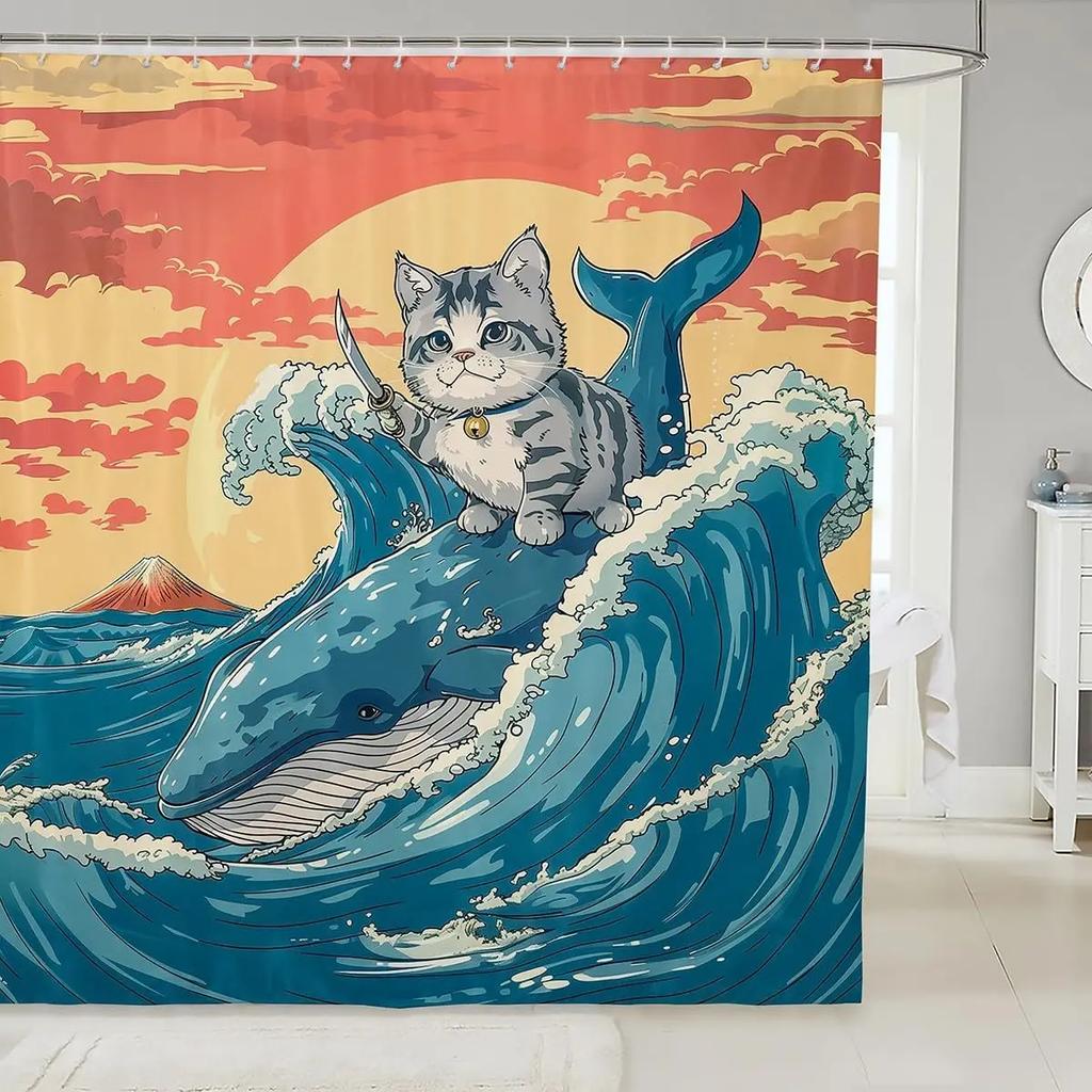 Cartoon Funny Animal Bath Curtain Brave Cat Riding Shark Shower Curtain Kids Boys Girls Ocean Wave Japanese Style Decor Whale