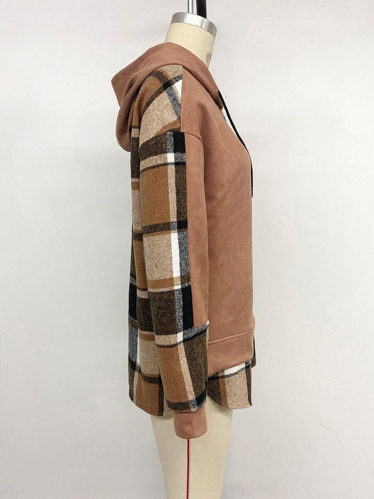 Women's Autumn Retro Plaid Hooded Sweatshirt with Velvet, Two-Piece Look, Long Sleeve, Casual Style