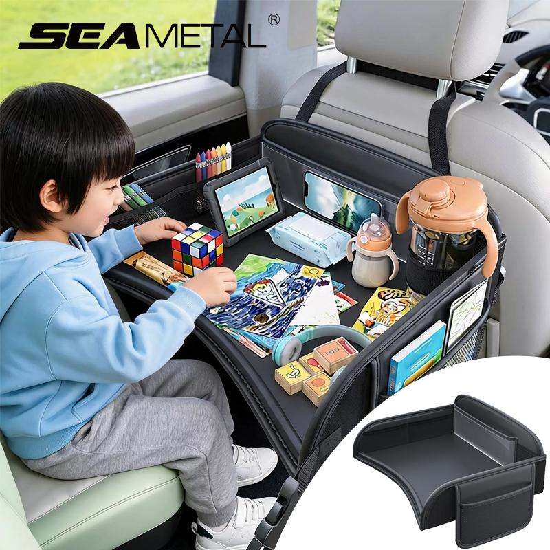 SEAMETAL Leather Child Car Dining Drawing Table Universal Safety Seat Tray Backseat Children Table Tool Toy Phone Storage Pocket Lap Desk