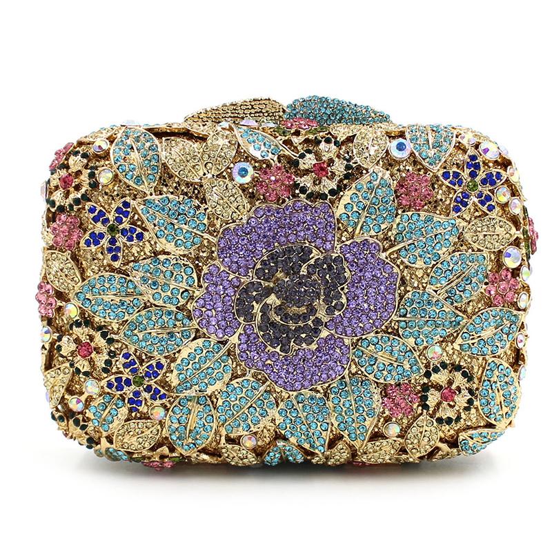 Flower Bags Crystal Clutch Evening Purse WHTUOHENG Women Diamond Rhinestone Handbags Formal Wedding Party Purple/Blue/Gold Bags