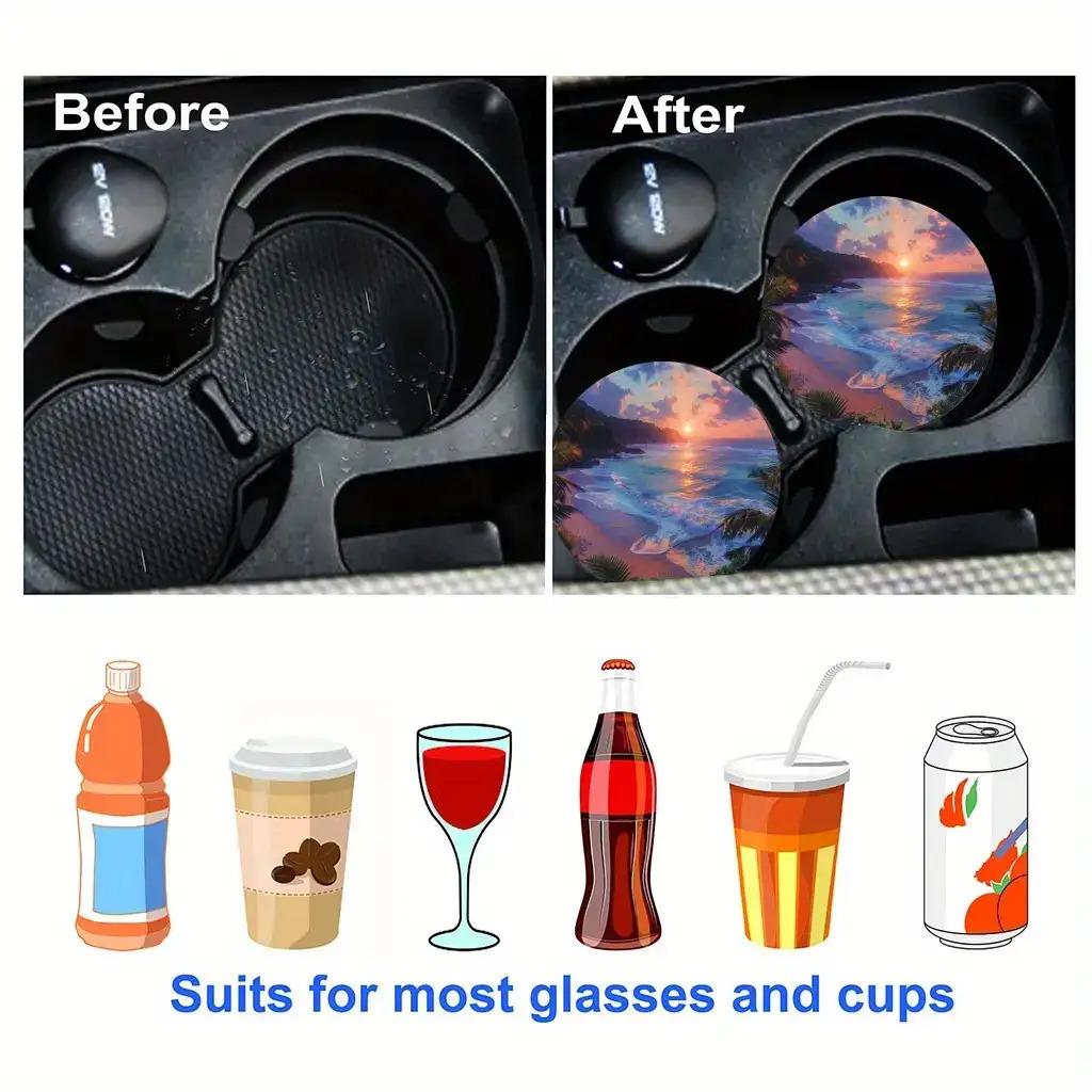 2-Pack Tropical Beach Sunset Car Cup Holder - Non-Slip Spill-Proof Mat with Palm Tree and Wave Design, Durable EVA Drink Tray with Black Center Cap