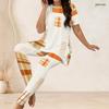 Women Plus Size Two Piece Set Round Neck Short Sleeve Side Split Printed Top Fitted Pants