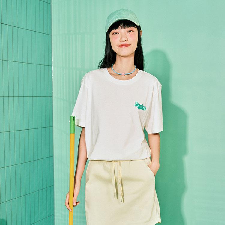 Skechers Casual Letter Print Round Neck Simple Cool Dry Sports Short Sleeve T-Shirt Unisex Tops Cotton-Candy-White L224U080-0074