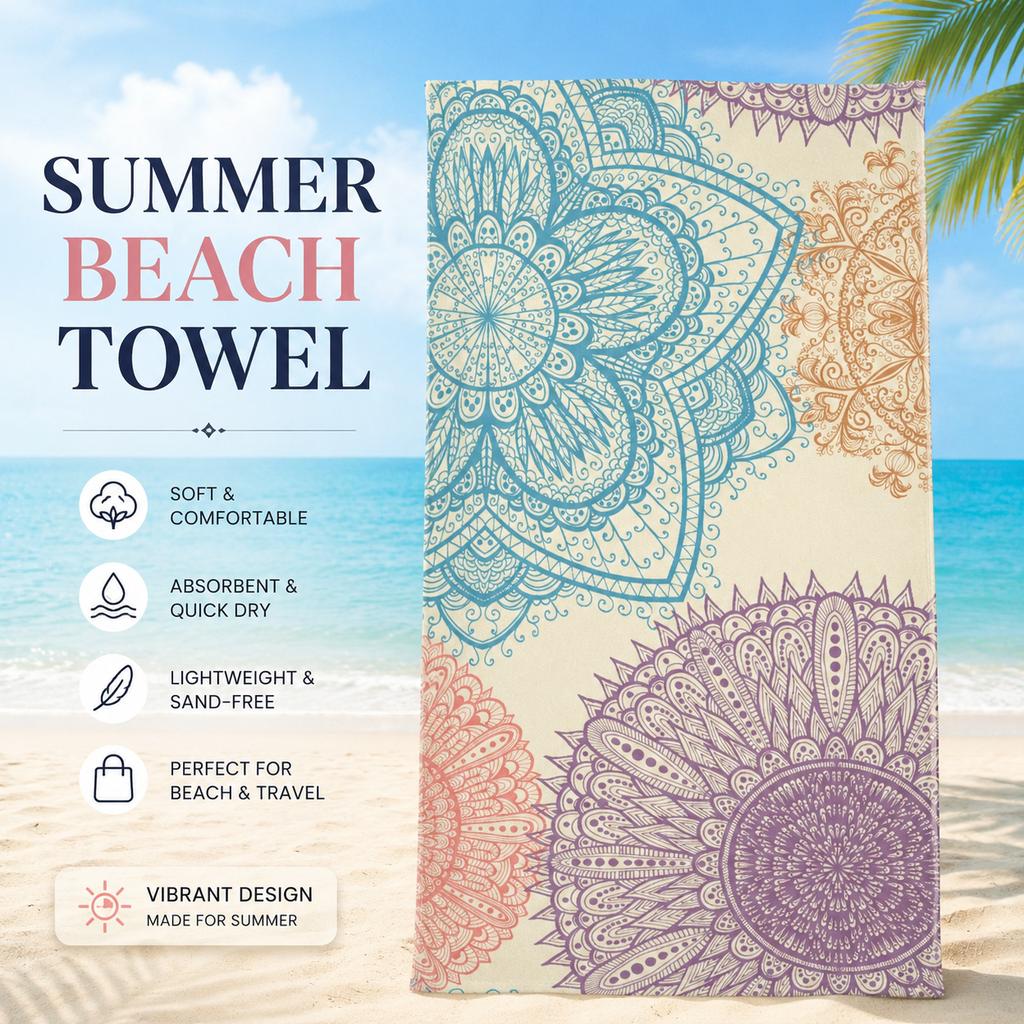 Mandala Bohemian Beach Towel 2D Flat Printed Peach Skin Bath Towel Sand Quick Dry Summer Travel Swim Pool Vacation Blanket