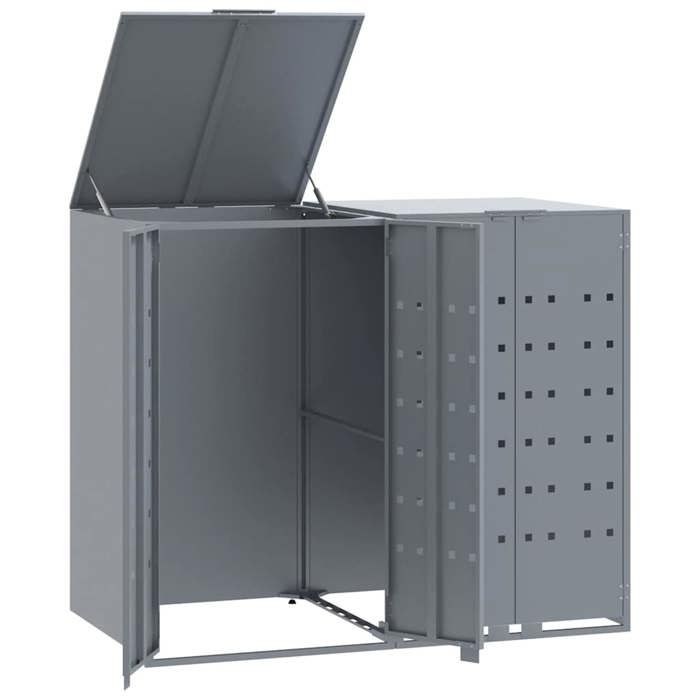 VidaXL Wheeled Storage for Trash Cans for 2 Bins Steel Grey, Trash Can Storage, 3279987