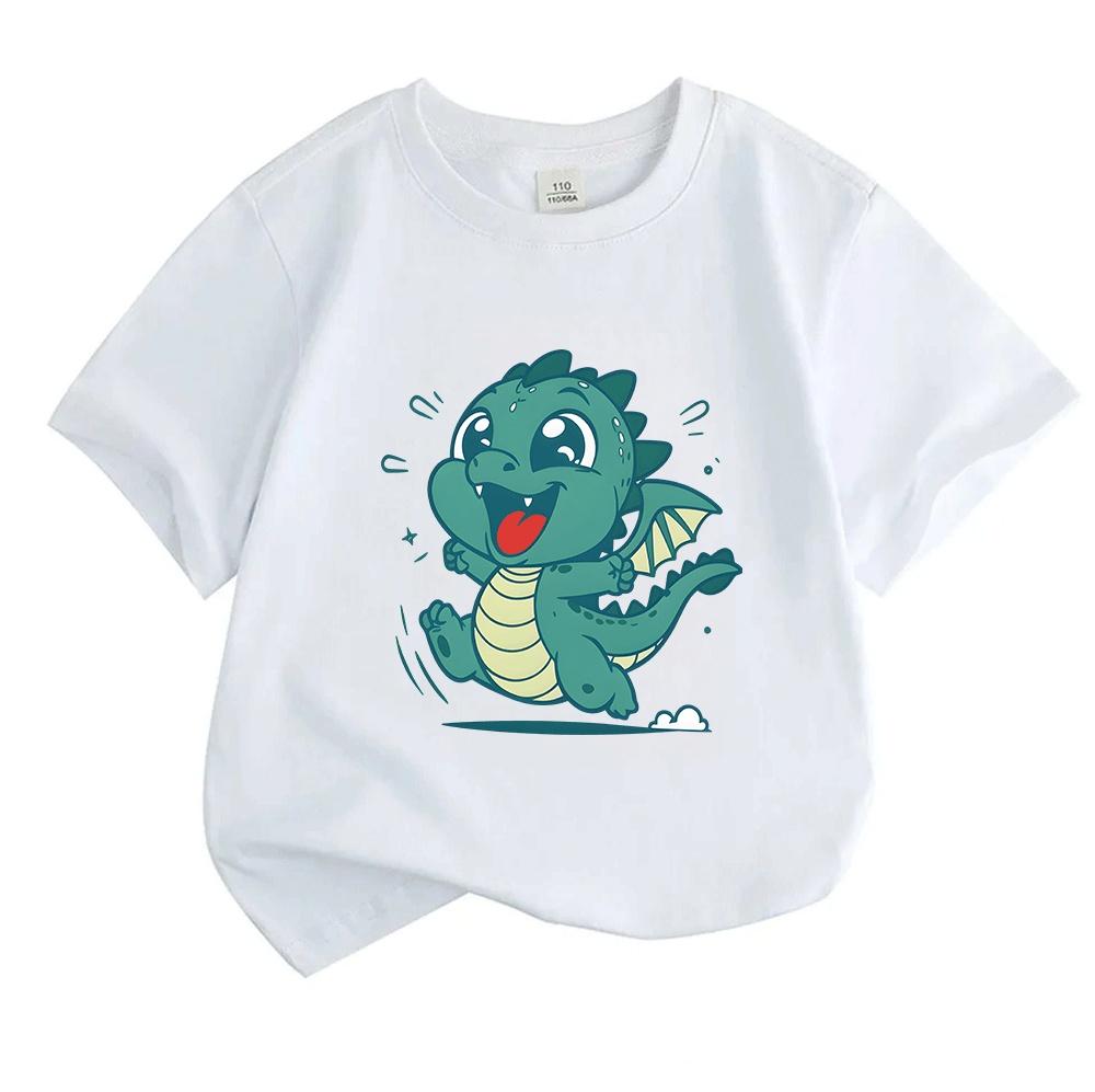 Kids Boys Girls Cute Jumping Cartoon Dragon Print T-Shirt 100% Cotton Short Sleeve O-Neck Casual Summer Soft Breathable Tee Tops for Toddler Youth Chi