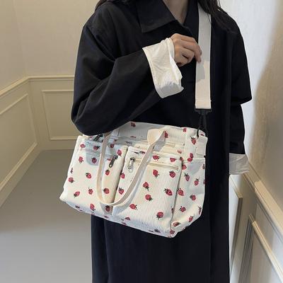 Corduroy Cherry Printed Tote Bag Versatile Women's Strawberry One-Shoulder Crossbody Bag Large Capacity Mommy Bag