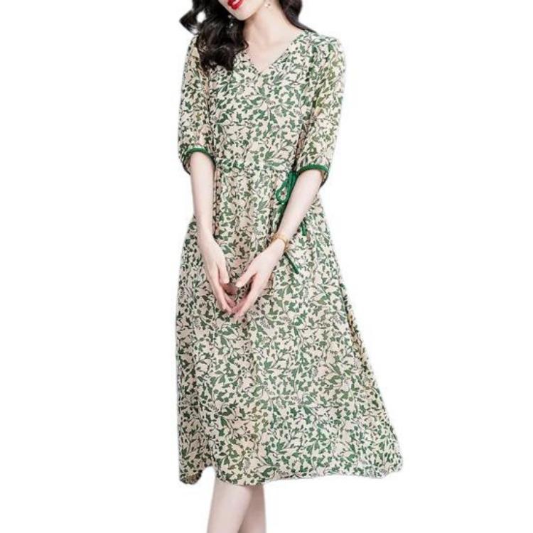 V Neck Floral Print Waist Drawstring A Line Midi Dress Half Sleeve Flowy Hem Casual Streetwear Women Dress XL