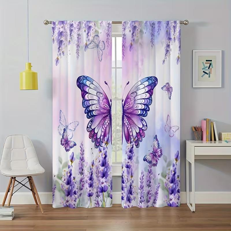 

2PC Purple Lavender Butterfly Sheer Curtains - Soft Romantic Floral Print Window Drapes for Bedroom Living Room Decor 24x59in(60x150CM)x2&Rod Pocket