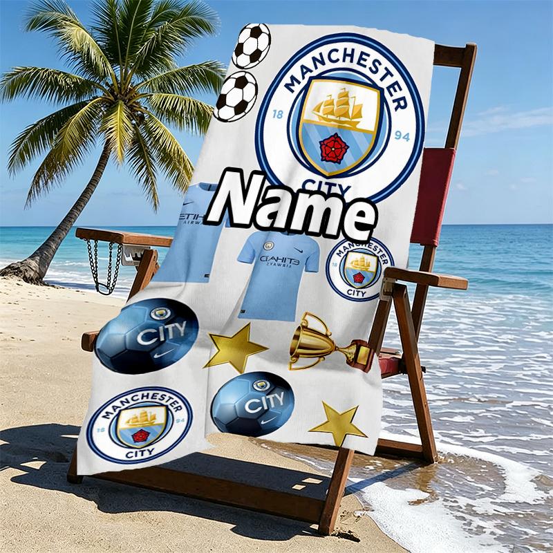 Custom Name Personalized Manchester City FC Print Beach Towel, for Trip Camping Beach Party Home Decor, Birthday Gift for Family & Friends