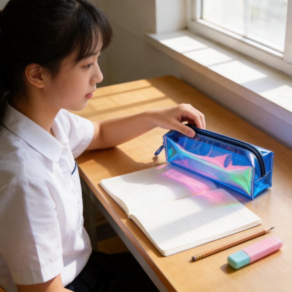 Laser Rainbow Transparent Pvc Pencil Case With Zipper Closure For Travel And Office Organization
