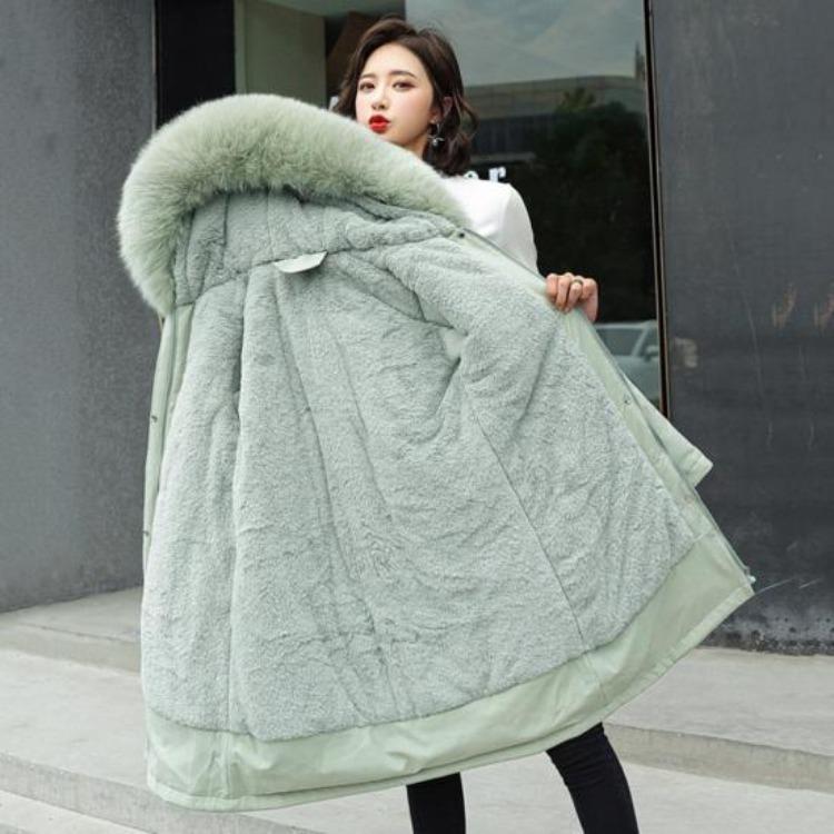 Winter Plus Size Jacket Women Long Sleeve Knee Length Thick Plush Furry Hood Pockets Zipper Button Closure