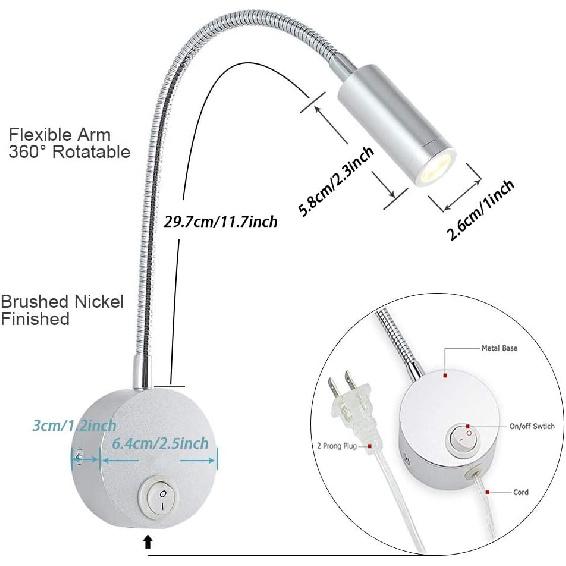 3W LED Bedside Reading Light Flexible Gooseneck Book Lamp Wall Mount Headboard Spotlight with Plug and On/off Switch for Working, Study, Art Display